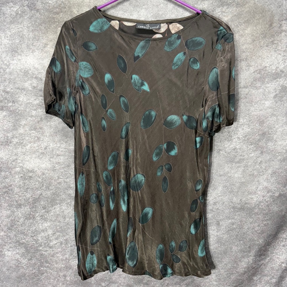 VTG Y2K Carole Little Whimsigoth Satin Top Tee Size L Brown Teal Charmeuse Fairy